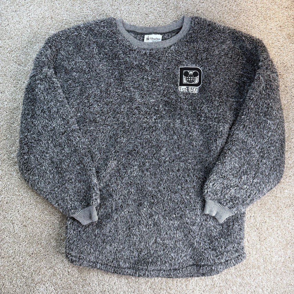 Disney Parks Spirit Jersey Sweater Womens S Gray Fuzzy Fleece Walt Disney World